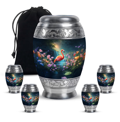 Pastel Blue Flamingo Cremation Urn detail view - regal flamingo design with crown-inspired accents - memorial set with one large and four small urns