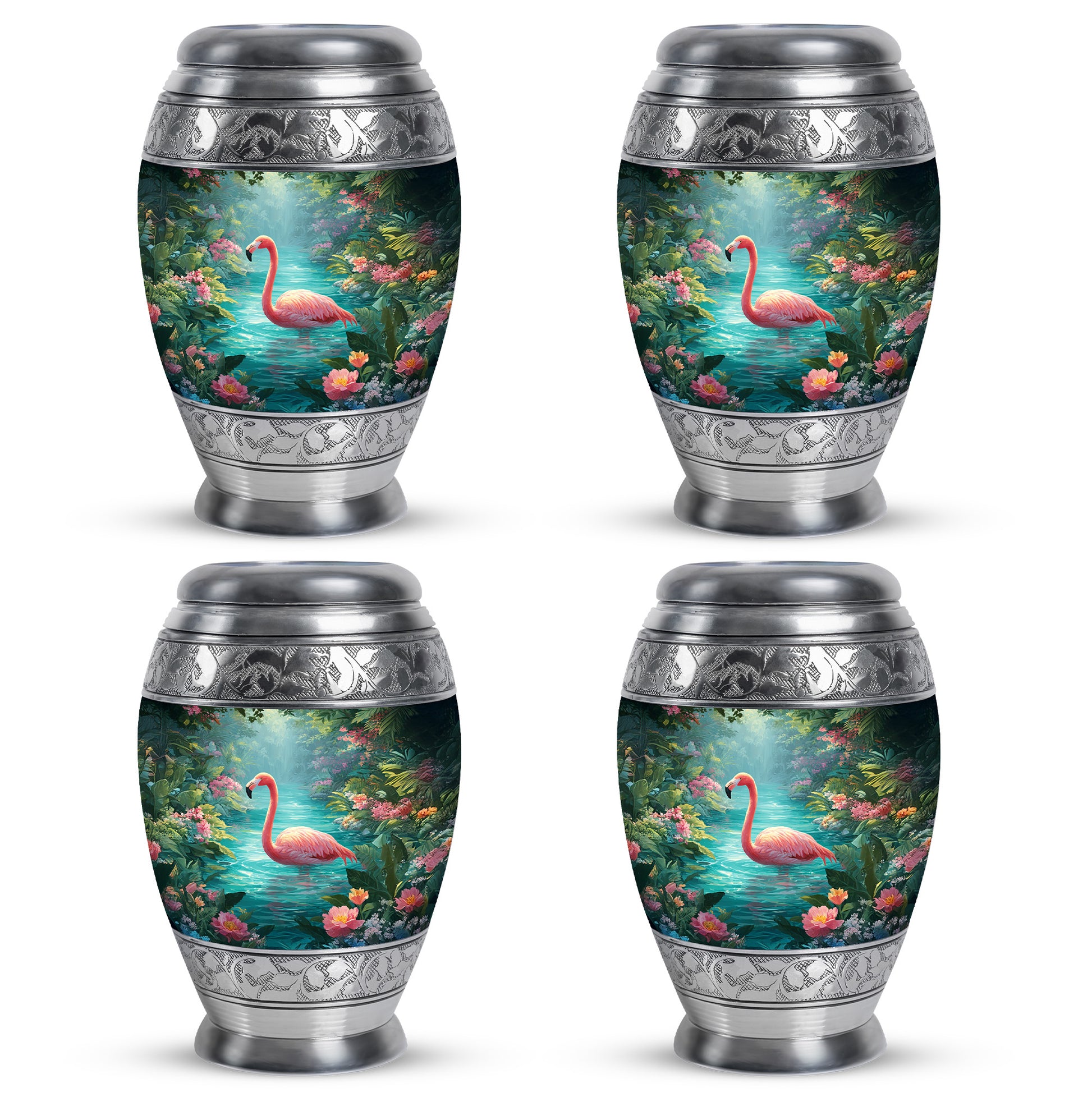 Jewel Teal Flamingo Cremation Urn urn with complimentary velvet bag - ornate monarch-style flamingo relief on brushed aluminum - 10 inch aluminum urn for cremated remains