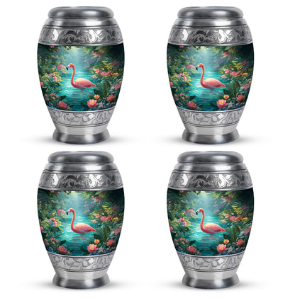 Jewel Teal Flamingo Cremation Urn urn with complimentary velvet bag - ornate monarch-style flamingo relief on brushed aluminum - 10 inch aluminum urn for cremated remains