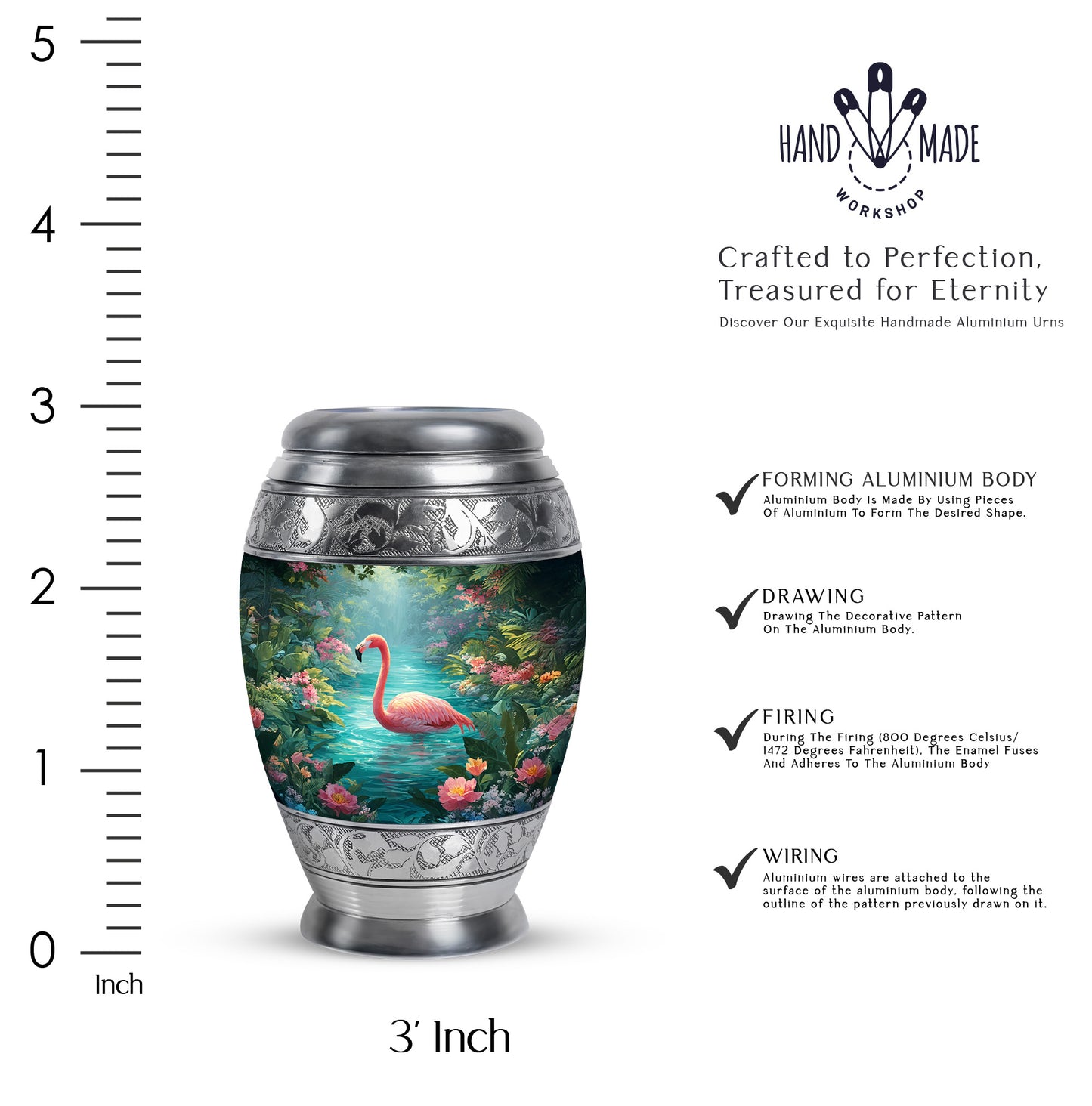 Deep Teal Flamingo Cremation Urn lifestyle display on memorial shelf - majestic flamingo pattern with filigree border - mini keepsake memorial for portion of cremation ashes