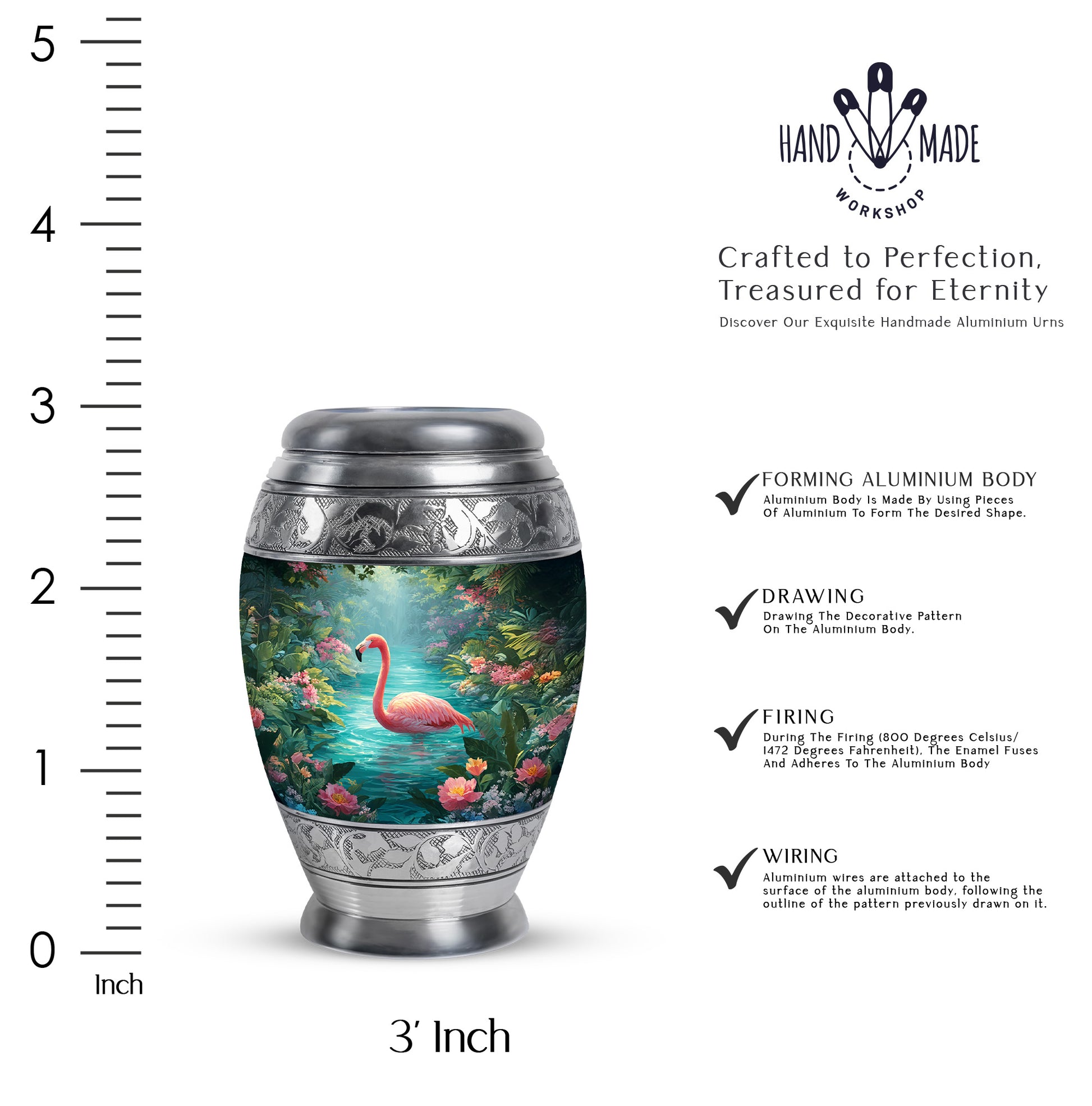 Deep Teal Flamingo Cremation Urn lifestyle display on memorial shelf - majestic flamingo pattern with filigree border - mini keepsake memorial for portion of cremation ashes