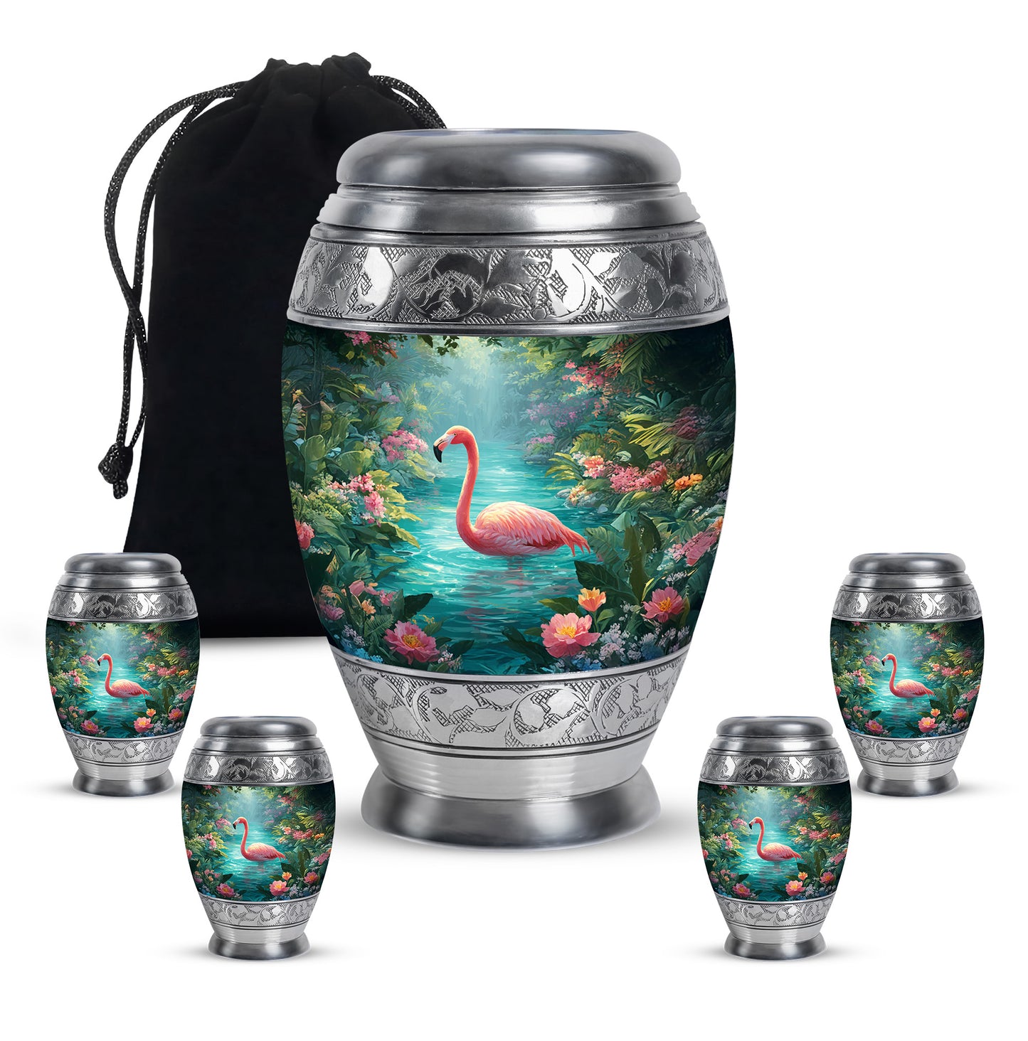 Tropical Teal Flamingo Cremation Urn detail view - majestic flamingo pattern with filigree border - memorial set with one large and four small urns
