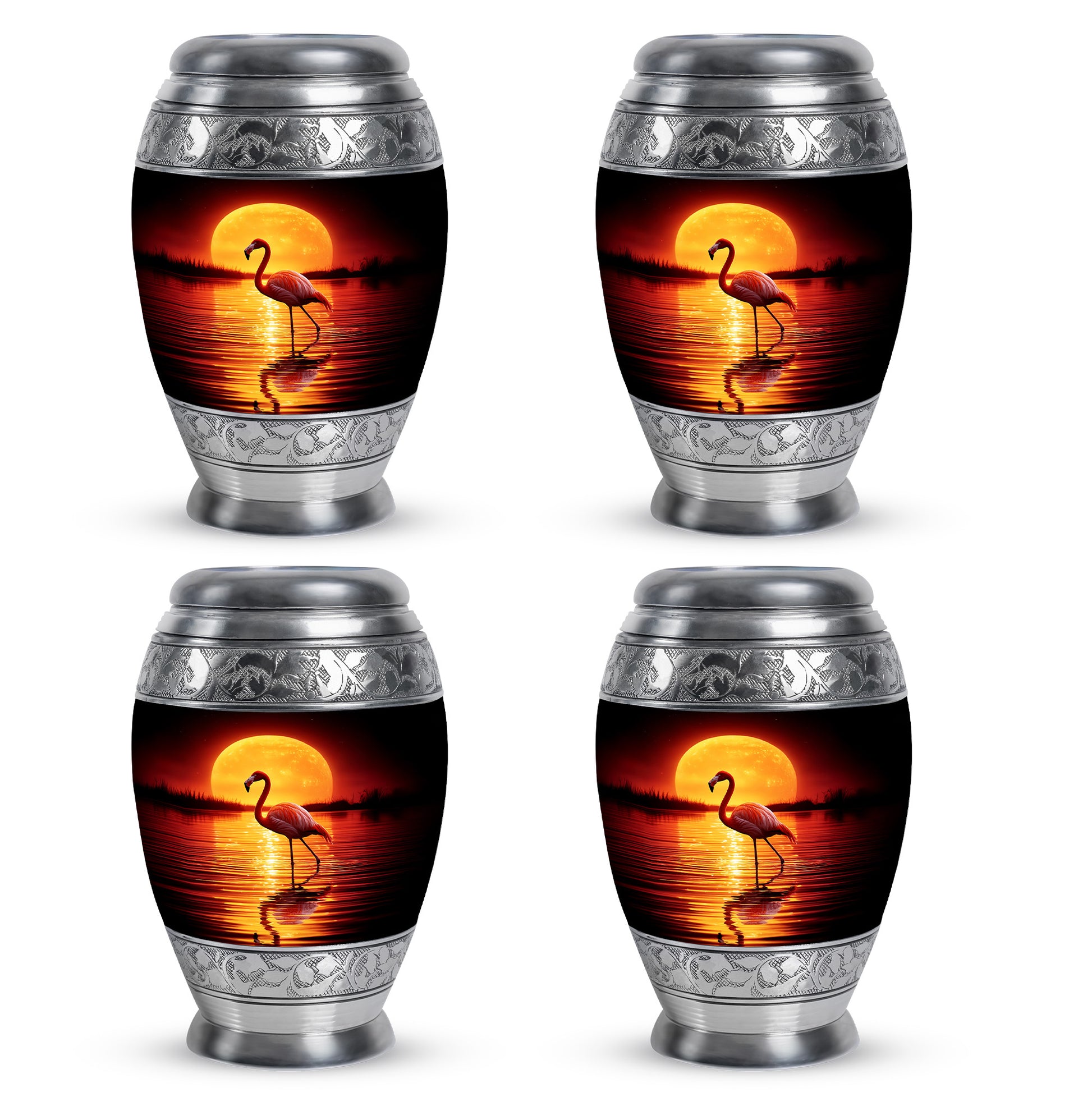 Obsidian Black Flamingo Cremation Urn urn with complimentary velvet bag - majestic flamingo pattern with filigree border - 10 inch aluminum urn for cremated remains