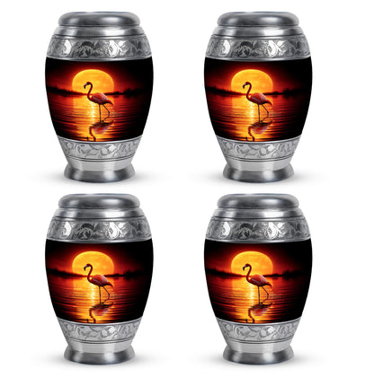 Obsidian Black Flamingo Cremation Urn urn with complimentary velvet bag - majestic flamingo pattern with filigree border - 10 inch aluminum urn for cremated remains