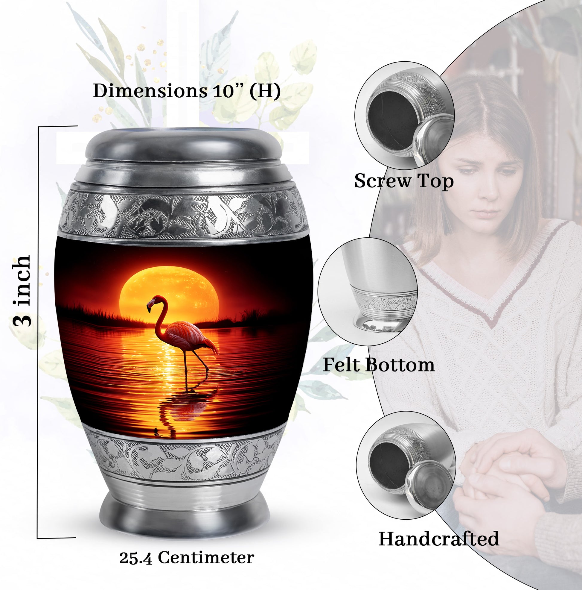 Obsidian Black Flamingo Cremation Urn lifestyle display on memorial shelf - royal flamingo engraving with decorative scrollwork - mini keepsake memorial for portion of cremation ashes