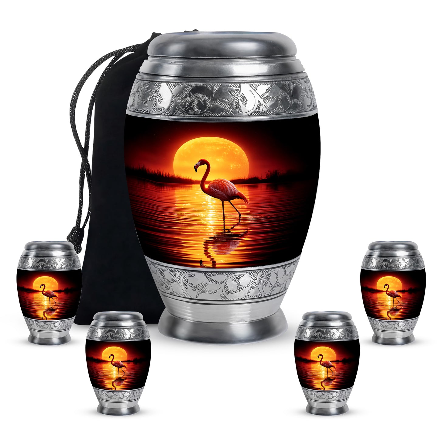Midnight Black Flamingo Cremation Urn detail view - majestic flamingo pattern with filigree border - memorial set with one large and four small urns