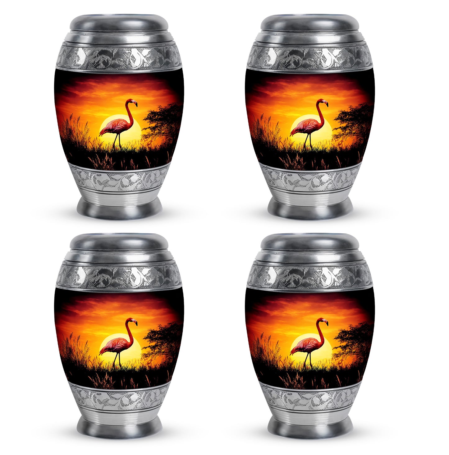 Jet Black Flamingo Cremation Urn urn with complimentary velvet bag - ornate monarch-style flamingo relief on brushed aluminum - 10 inch aluminum urn for cremated remains