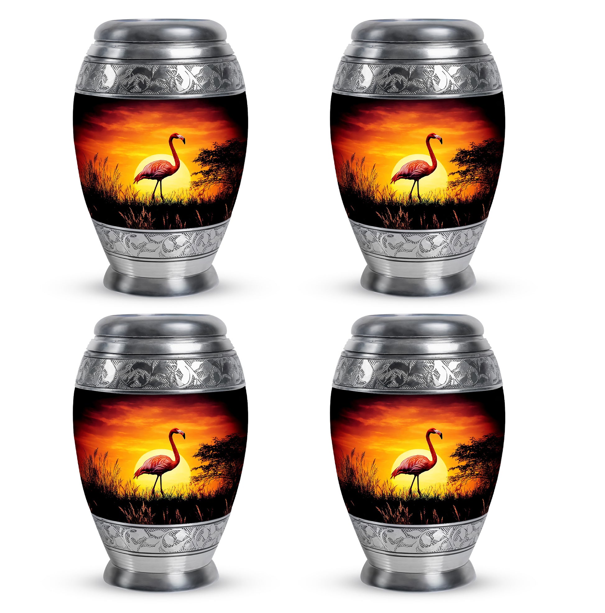 Jet Black Flamingo Cremation Urn urn with complimentary velvet bag - ornate monarch-style flamingo relief on brushed aluminum - 10 inch aluminum urn for cremated remains