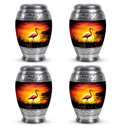 Jet Black Flamingo Cremation Urn urn with complimentary velvet bag - ornate monarch-style flamingo relief on brushed aluminum - 10 inch aluminum urn for cremated remains
