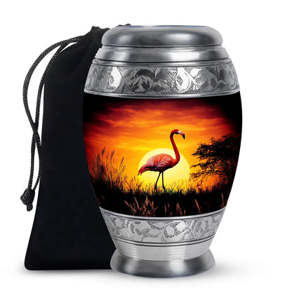 Obsidian Black Flamingo Cremation Urn back view with polished surface - majestic flamingo pattern with filigree border - full-size 10 inch 200 cubic inch adult cremation urn