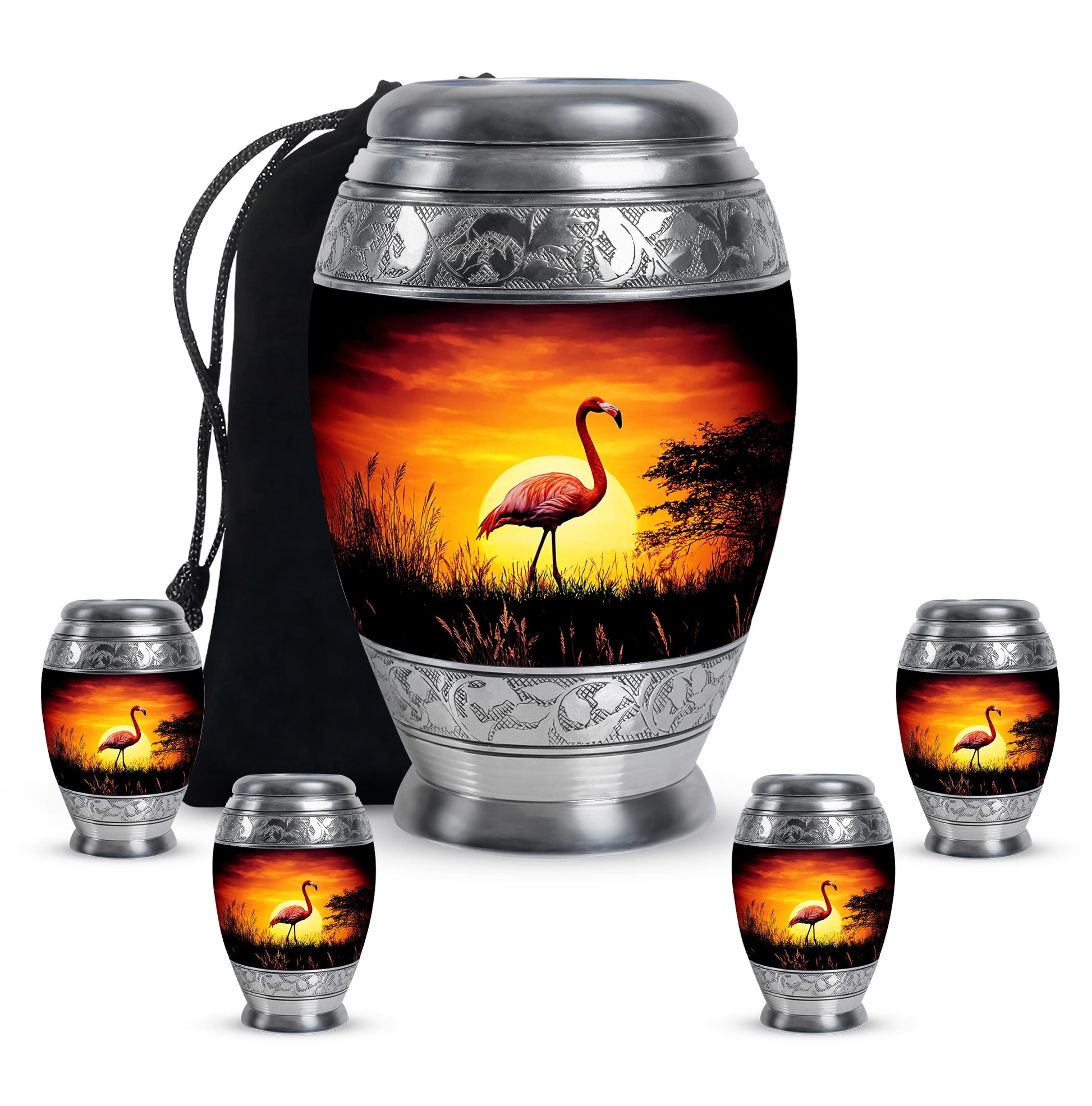 Onyx Black Flamingo Cremation Urn detail view - royal flamingo engraving with decorative scrollwork - memorial set with one large and four small urns