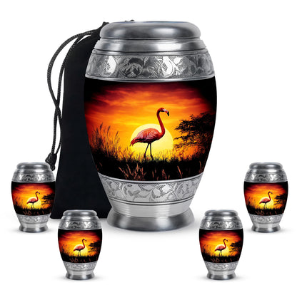 Onyx Black Flamingo Cremation Urn detail view - royal flamingo engraving with decorative scrollwork - memorial set with one large and four small urns