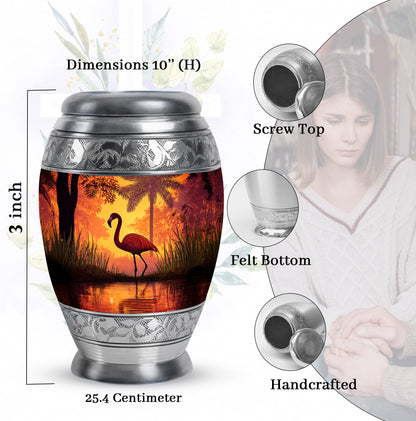 Ruby Red Flamingo Cremation Urn lifestyle display on memorial shelf - royal flamingo engraving with decorative scrollwork - mini keepsake memorial for portion of cremation ashes
