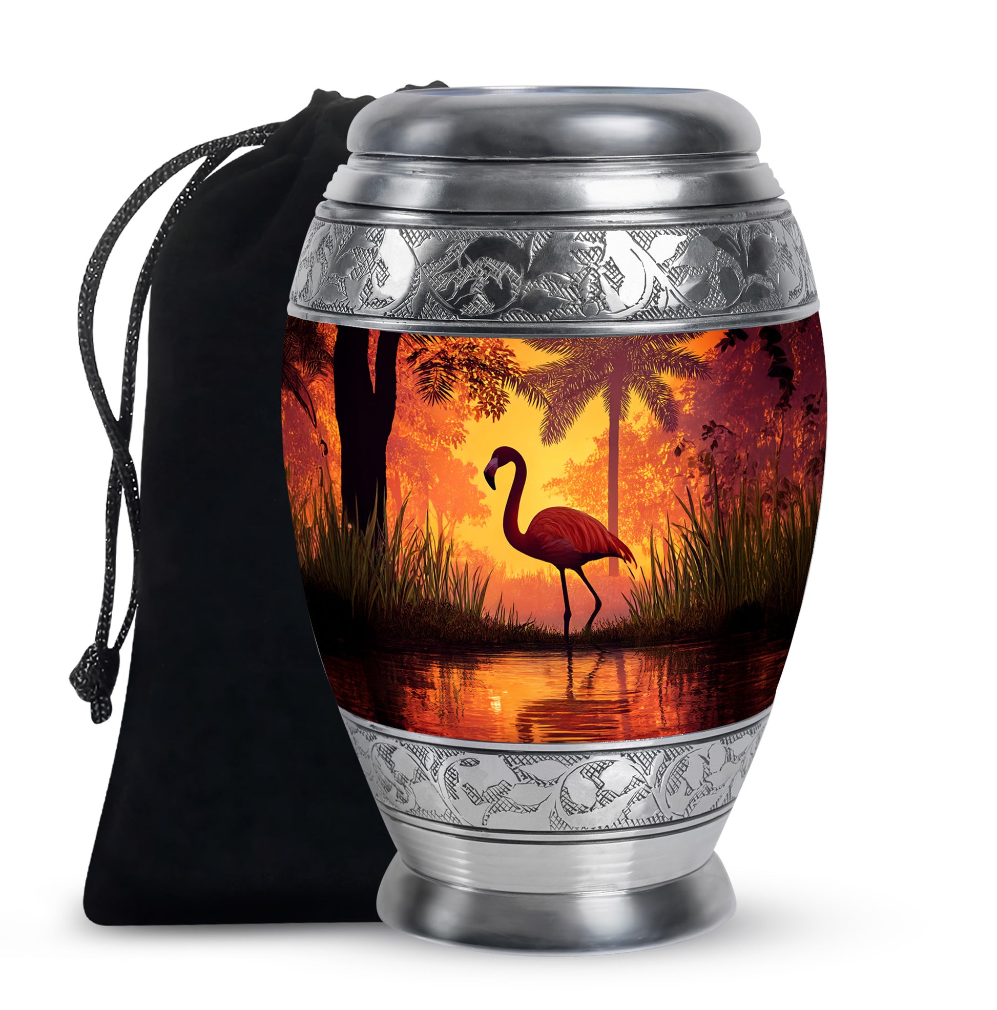Scarlet Red Flamingo Cremation Urn back view with polished surface - majestic flamingo pattern with filigree border - full-size 10 inch 200 cubic inch adult cremation urn