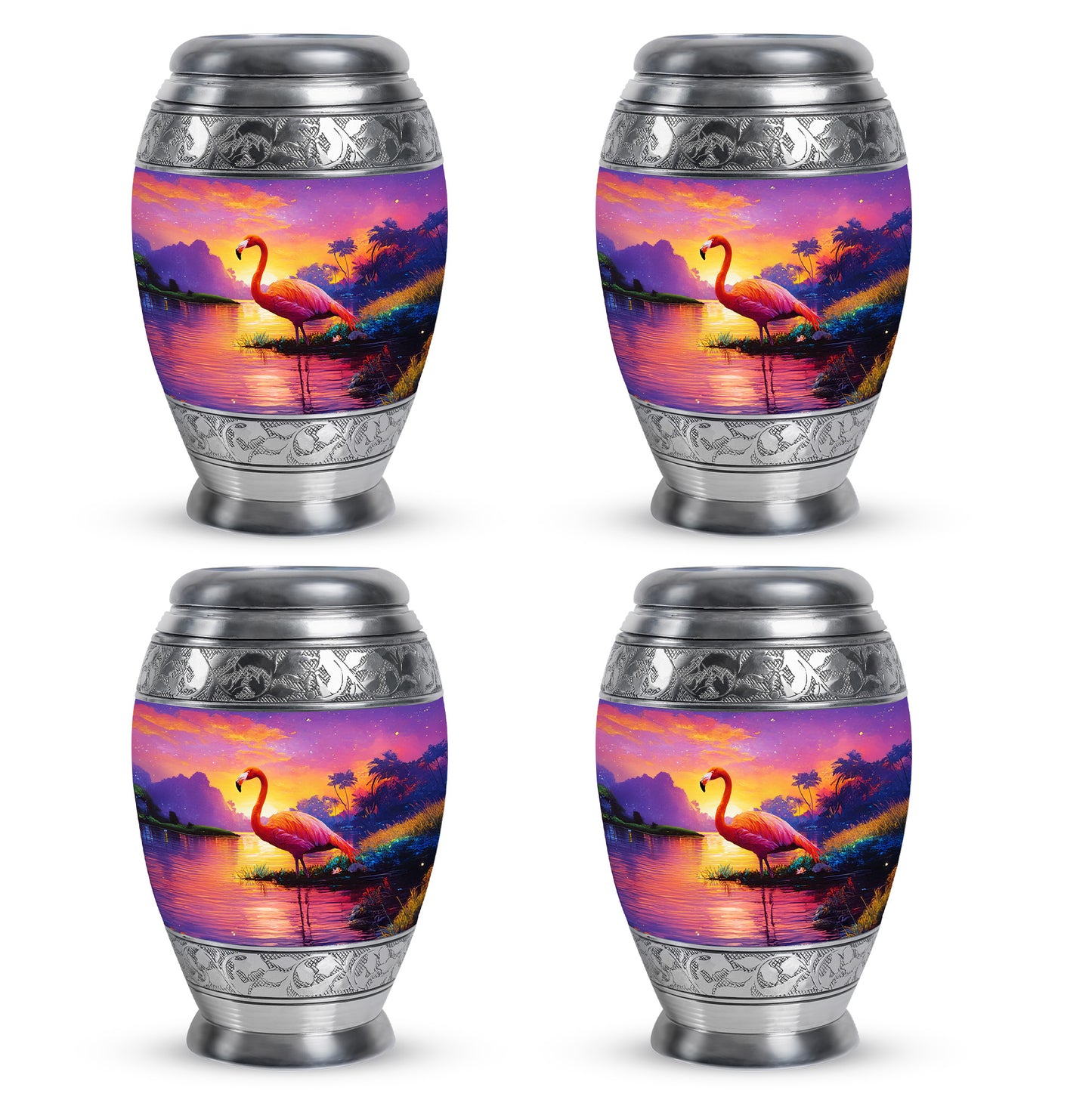 Soft Pink Flamingo Cremation Urn urn with complimentary velvet bag - majestic flamingo pattern with filigree border - 10 inch aluminum urn for cremated remains