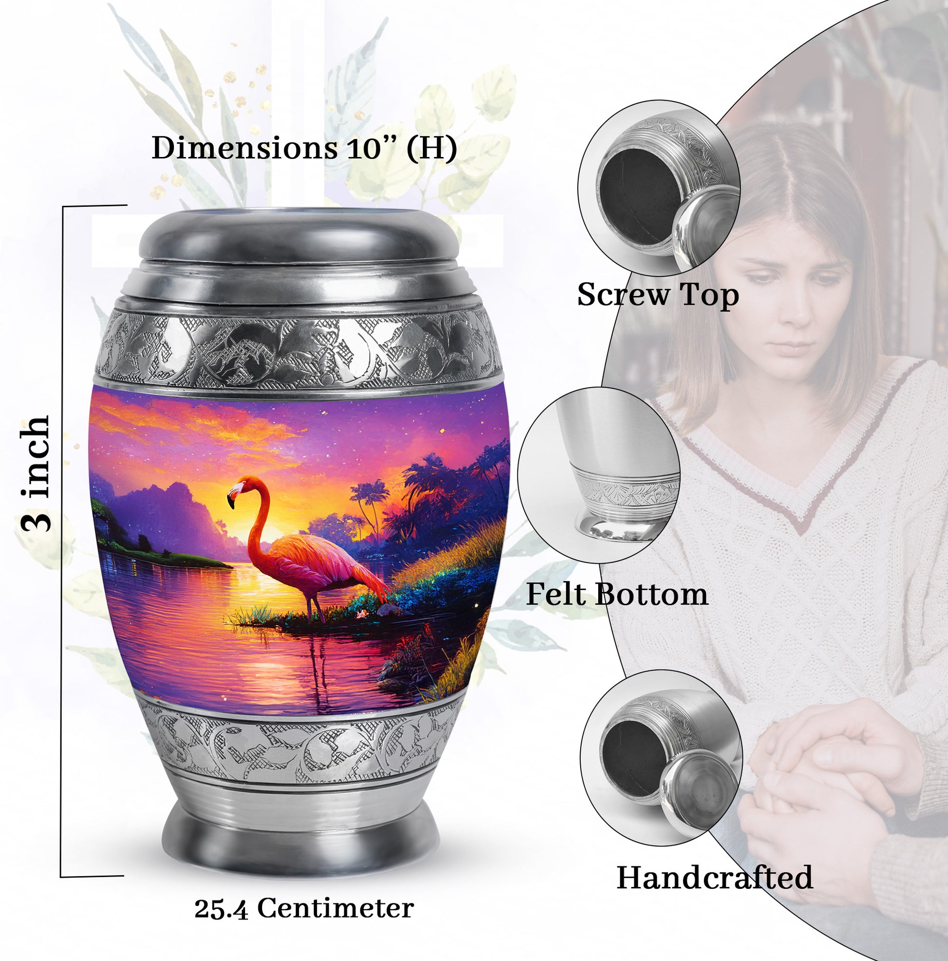 Coral Pink Flamingo Cremation Urn lifestyle display on memorial shelf - regal flamingo design with crown-inspired accents - mini keepsake memorial for portion of cremation ashes