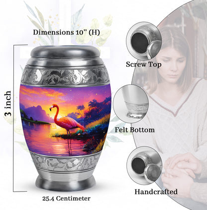 Coral Pink Flamingo Cremation Urn lifestyle display on memorial shelf - regal flamingo design with crown-inspired accents - mini keepsake memorial for portion of cremation ashes