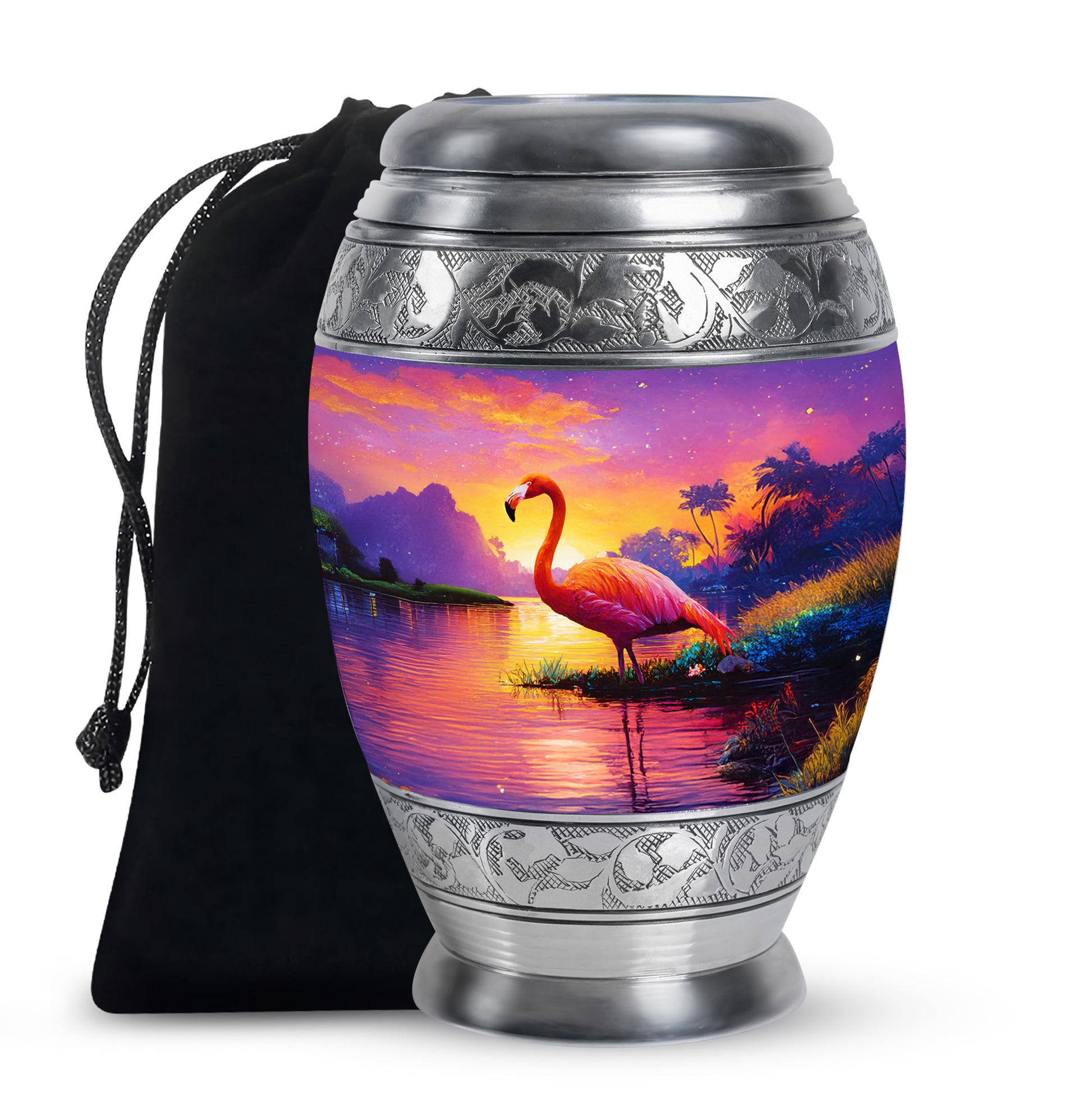 Soft Pink Flamingo Cremation Urn back view with polished surface - royal flamingo engraving with decorative scrollwork - full-size 10 inch 200 cubic inch adult cremation urn