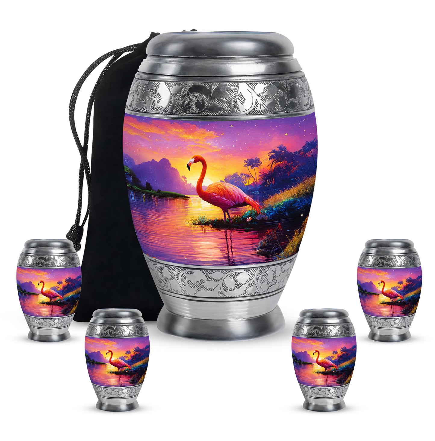 Dusty Pink Flamingo Cremation Urn detail view - royal flamingo engraving with decorative scrollwork - memorial set with one large and four small urns