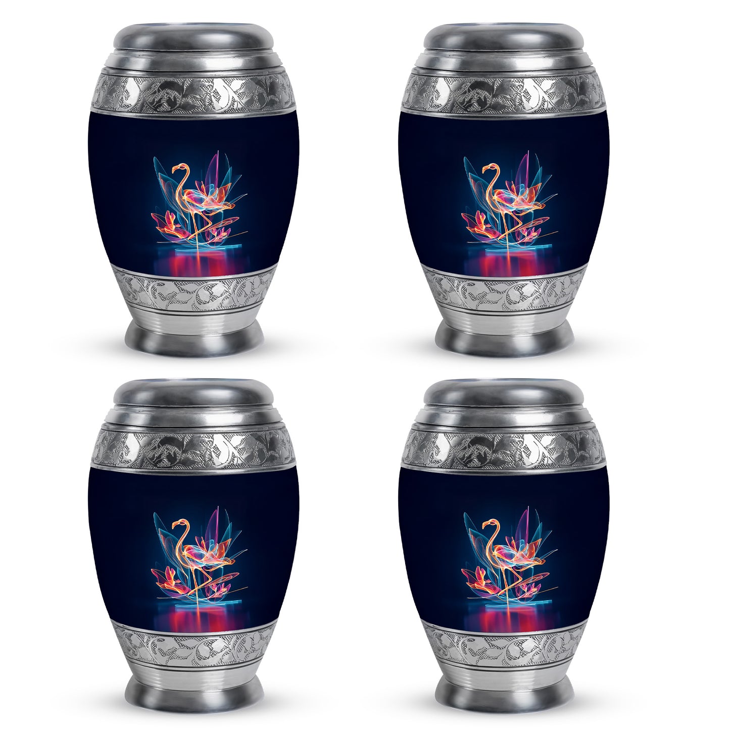 Calming Blue Flamingo Cremation Urn urn with complimentary velvet bag - royal flamingo engraving with decorative scrollwork - 10 inch aluminum urn for cremated remains
