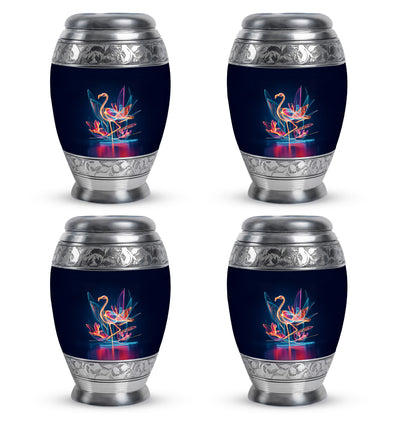 Calming Blue Flamingo Cremation Urn urn with complimentary velvet bag - royal flamingo engraving with decorative scrollwork - 10 inch aluminum urn for cremated remains