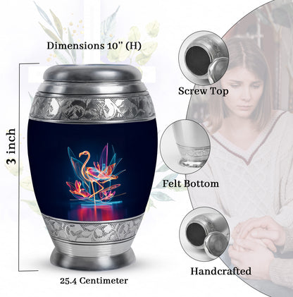 Twilight Blue Flamingo Cremation Urn lifestyle display on memorial shelf - majestic flamingo pattern with filigree border - mini keepsake memorial for portion of cremation ashes
