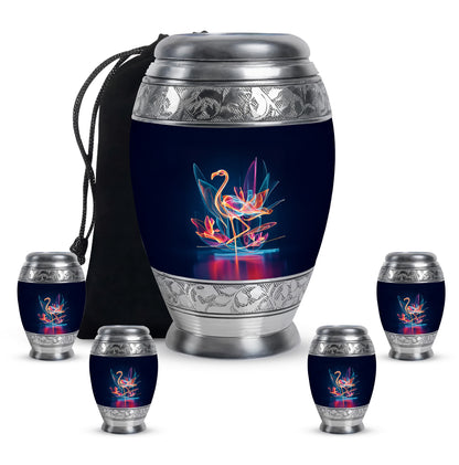 Calming Blue Flamingo Cremation Urn detail view - majestic flamingo pattern with filigree border - memorial set with one large and four small urns
