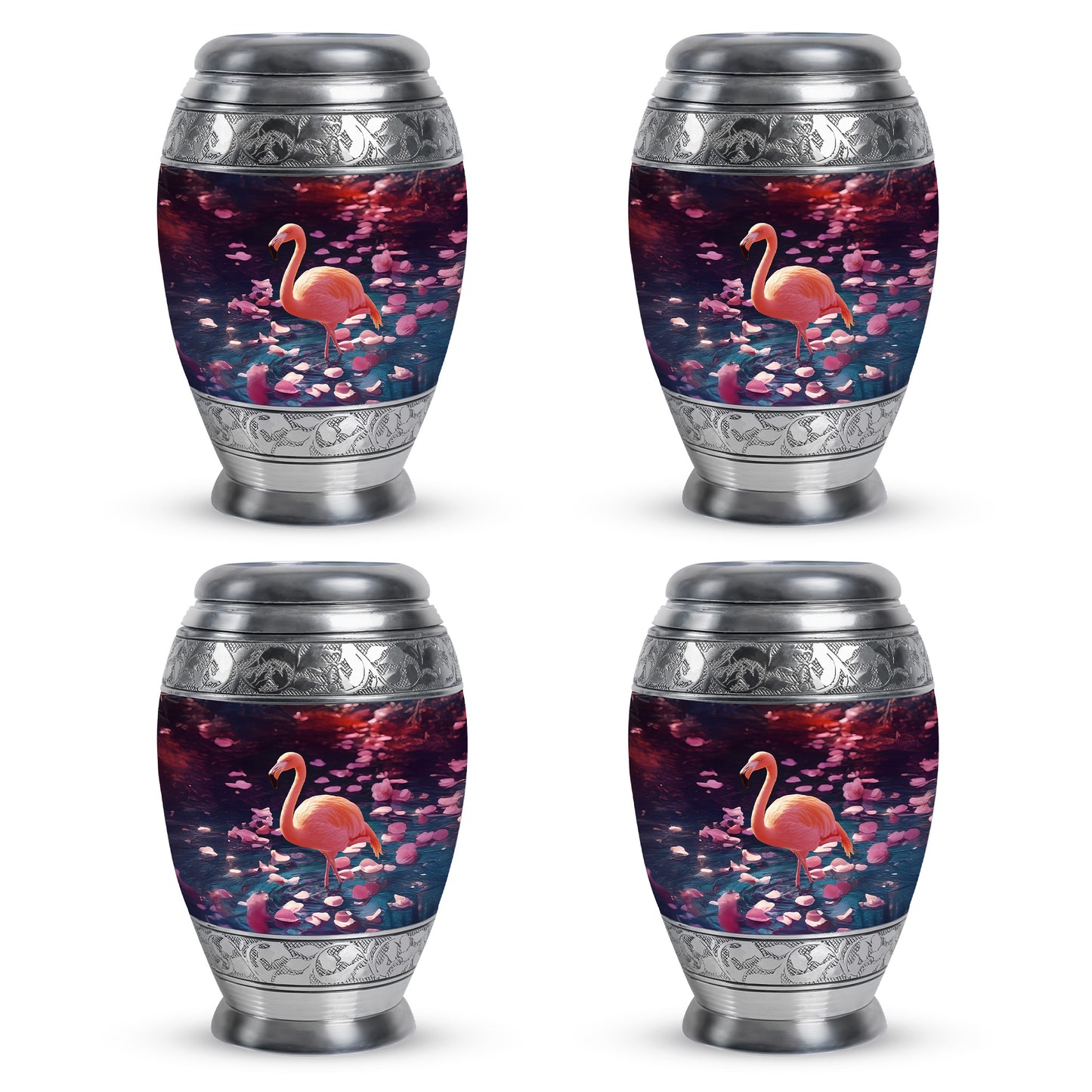 Plum Purple Flamingo Cremation Urn urn with complimentary velvet bag - ornate monarch-style flamingo relief on brushed aluminum - 10 inch aluminum urn for cremated remains