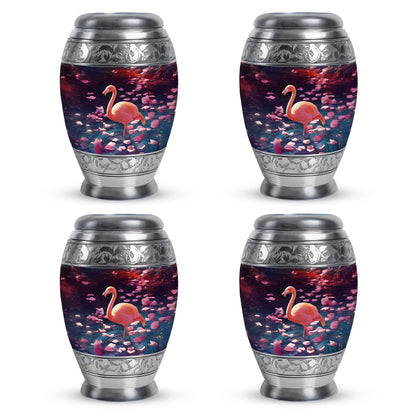Plum Purple Flamingo Cremation Urn urn with complimentary velvet bag - ornate monarch-style flamingo relief on brushed aluminum - 10 inch aluminum urn for cremated remains