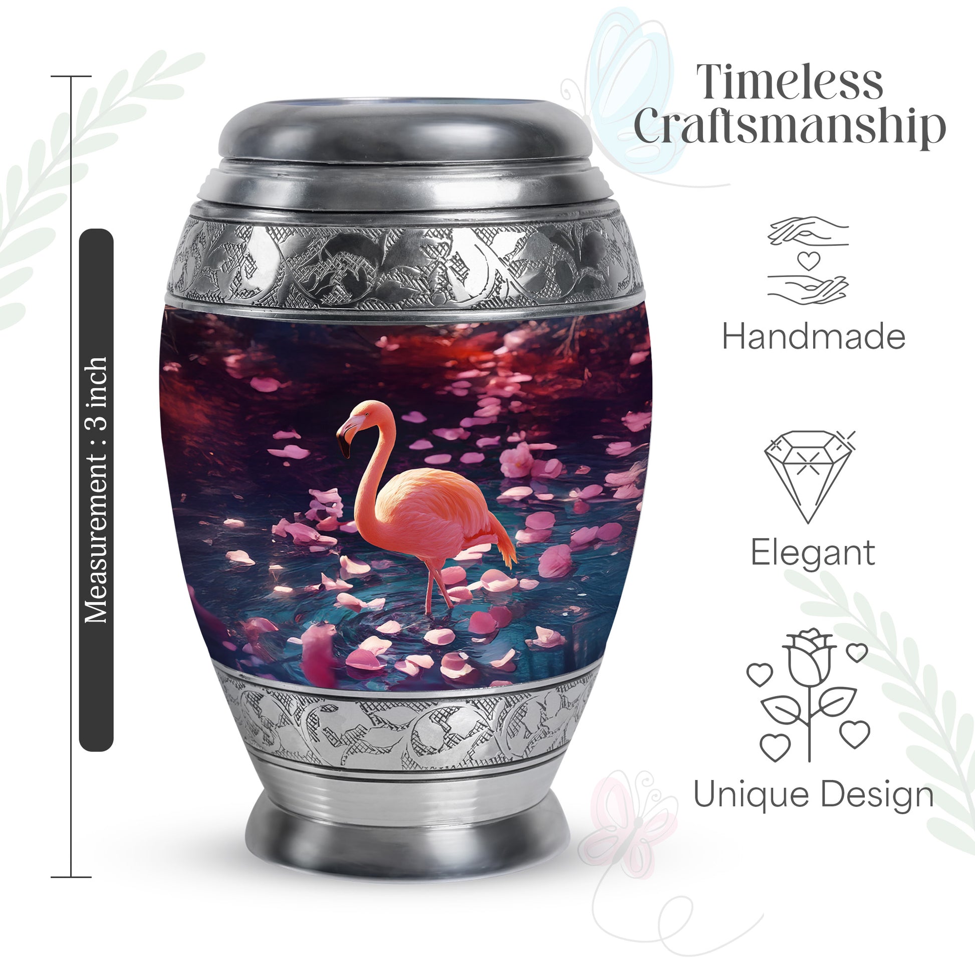 Twilight Purple Flamingo Cremation Urn lifestyle display on memorial shelf - royal flamingo engraving with decorative scrollwork - mini keepsake memorial for portion of cremation ashes