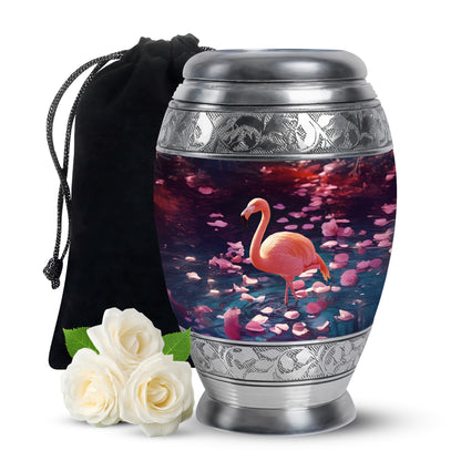 Violet Purple Flamingo Cremation Urn back view with polished surface - majestic flamingo pattern with filigree border - full-size 10 inch 200 cubic inch adult cremation urn