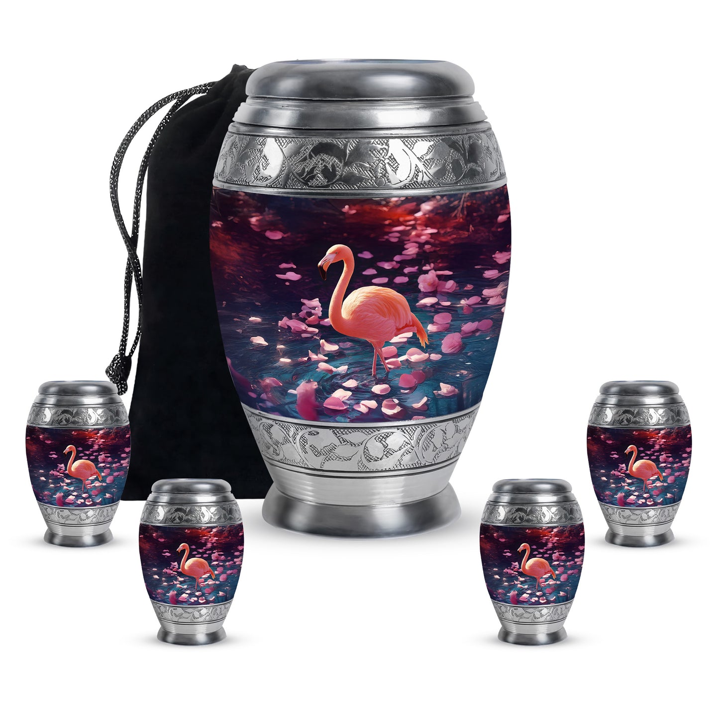 Majestic Purple Flamingo Cremation Urn detail view - ornate monarch-style flamingo relief on brushed aluminum - memorial set with one large and four small urns