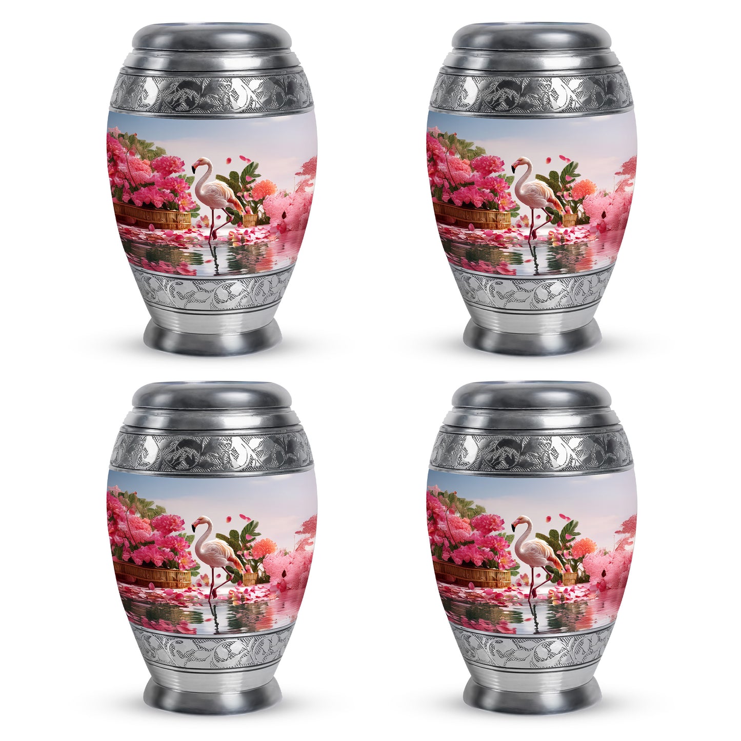Sterling Silver Flamingo Cremation Urn urn with complimentary velvet bag - ornate monarch-style flamingo relief on brushed aluminum - 10 inch aluminum urn for cremated remains