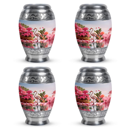 Sterling Silver Flamingo Cremation Urn urn with complimentary velvet bag - ornate monarch-style flamingo relief on brushed aluminum - 10 inch aluminum urn for cremated remains