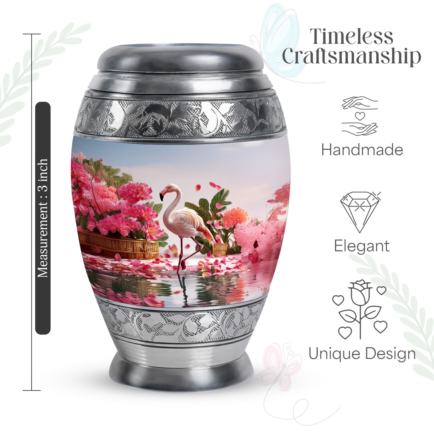 Polished Silver Flamingo Cremation Urn lifestyle display on memorial shelf - royal flamingo engraving with decorative scrollwork - mini keepsake memorial for portion of cremation ashes
