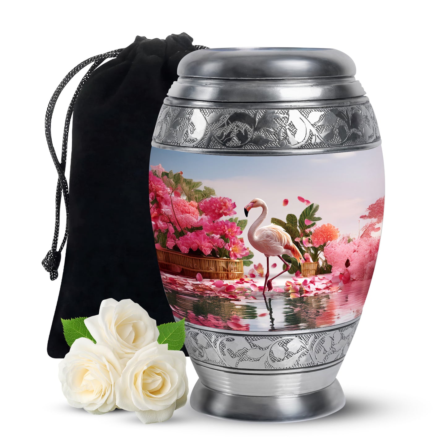 Satin Silver Flamingo Cremation Urn back view with polished surface - ornate monarch-style flamingo relief on brushed aluminum - full-size 10 inch 200 cubic inch adult cremation urn