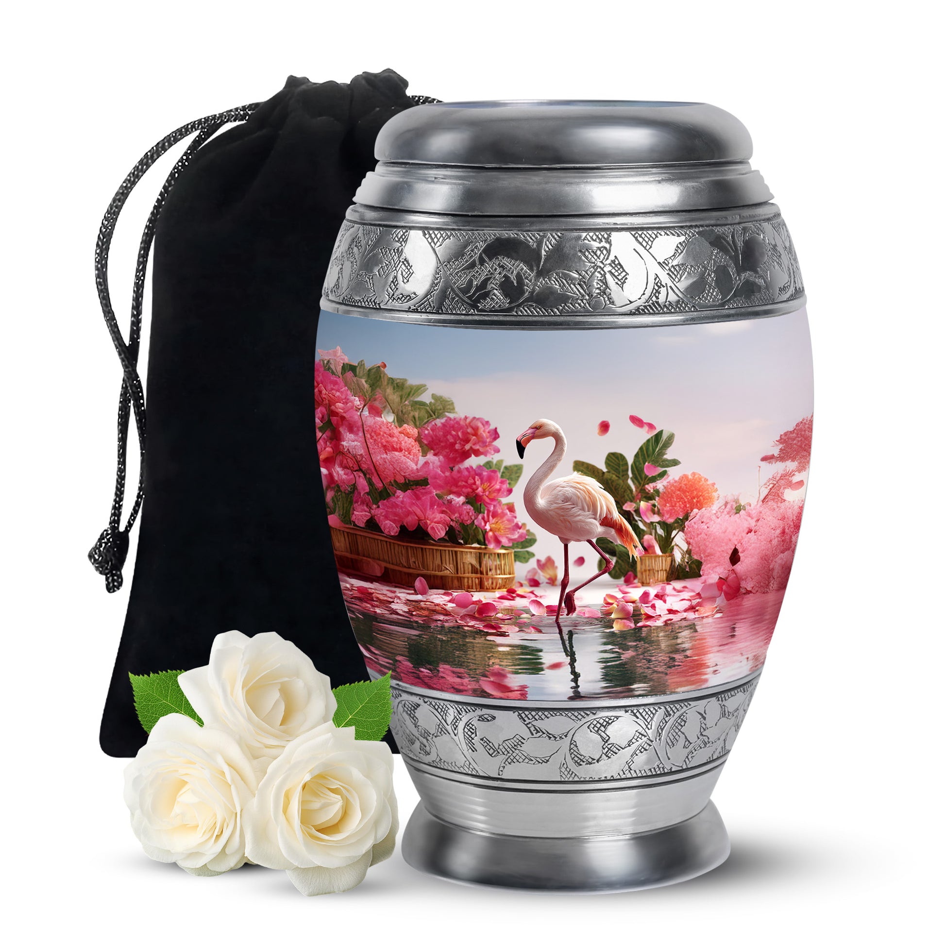 Satin Silver Flamingo Cremation Urn back view with polished surface - ornate monarch-style flamingo relief on brushed aluminum - full-size 10 inch 200 cubic inch adult cremation urn