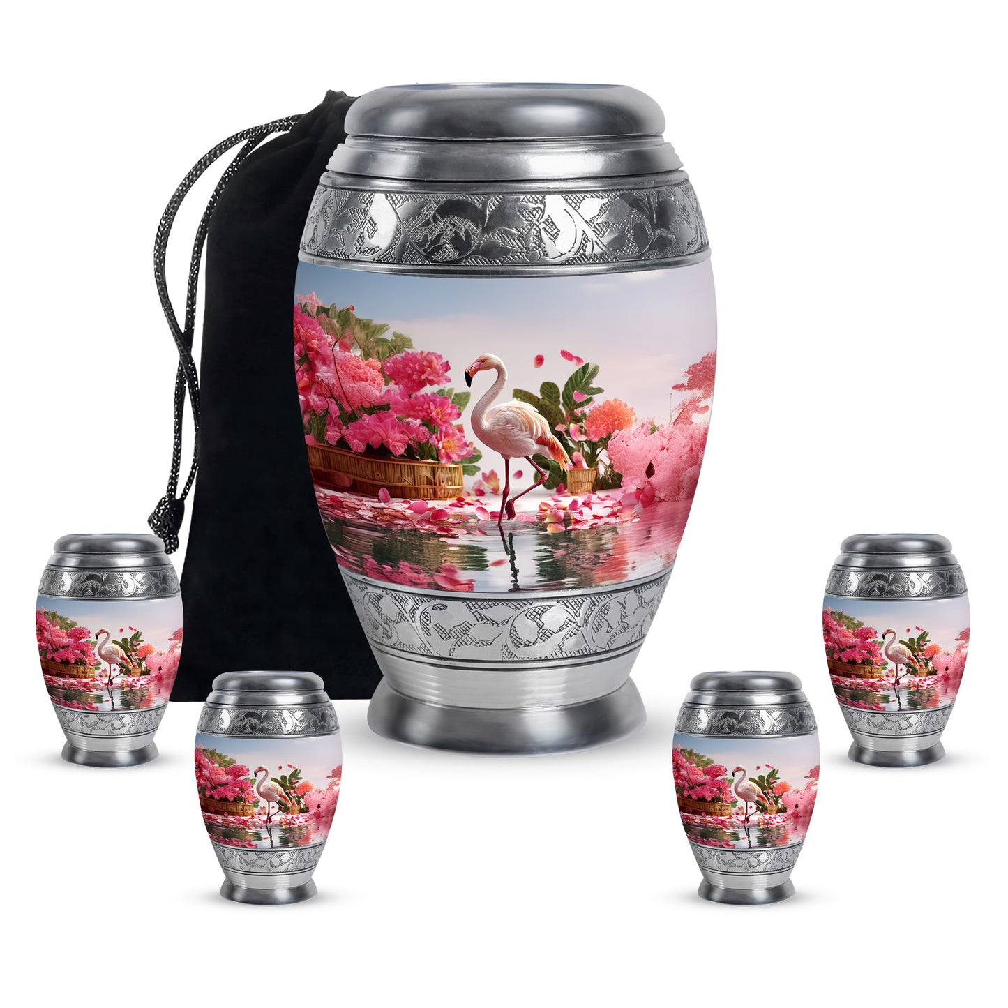 Sterling Silver Flamingo Cremation Urn detail view - ornate monarch-style flamingo relief on brushed aluminum - memorial set with one large and four small urns