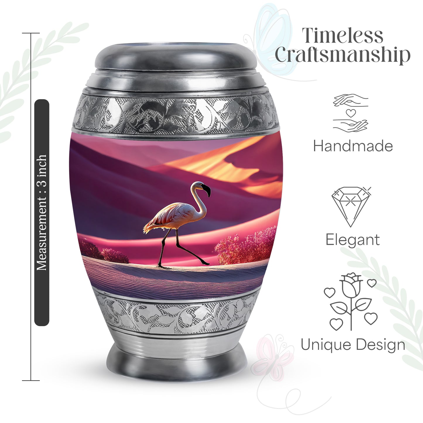 Blush Pink Flamingo Cremation Urn lifestyle display on memorial shelf - regal flamingo design with crown-inspired accents - mini keepsake memorial for portion of cremation ashes