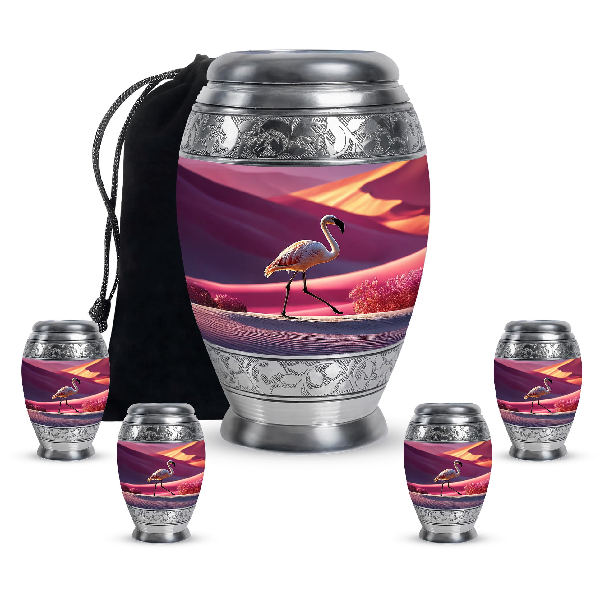 Dusty Pink Flamingo Cremation Urn detail view - majestic flamingo pattern with filigree border - memorial set with one large and four small urns