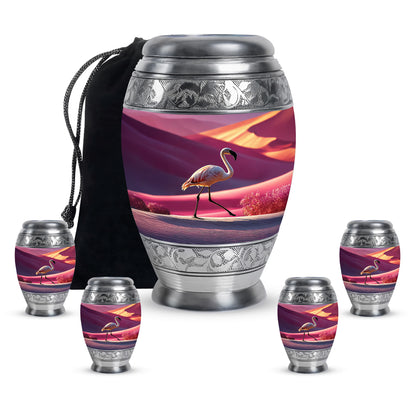 Dusty Pink Flamingo Cremation Urn detail view - majestic flamingo pattern with filigree border - memorial set with one large and four small urns