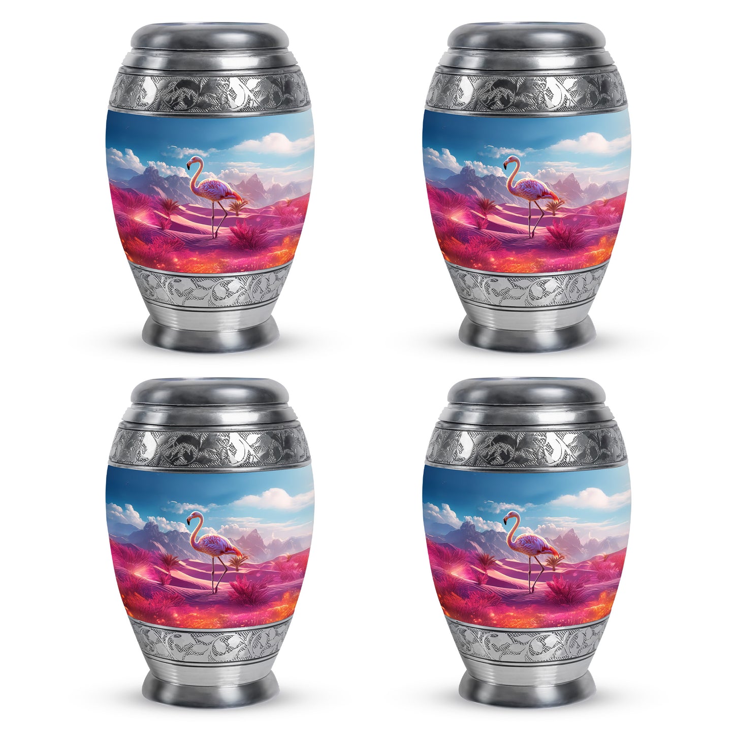Calming Blue Flamingo Cremation Urn urn with complimentary velvet bag - majestic flamingo pattern with filigree border - 10 inch aluminum urn for cremated remains