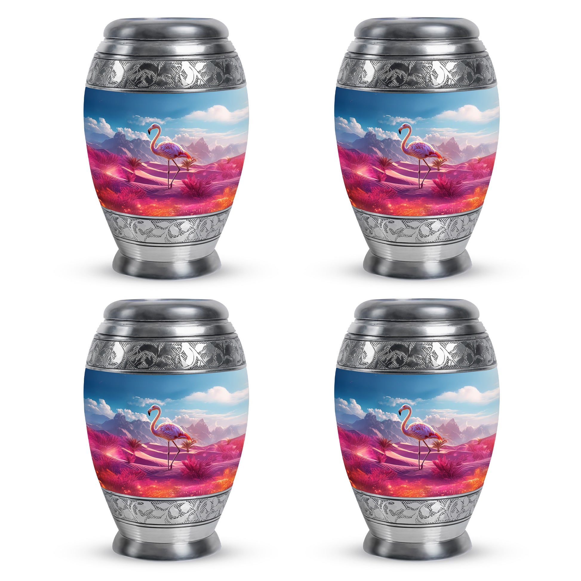 Calming Blue Flamingo Cremation Urn urn with complimentary velvet bag - majestic flamingo pattern with filigree border - 10 inch aluminum urn for cremated remains