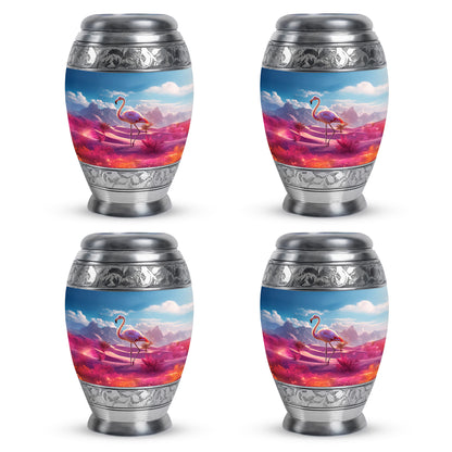 Calming Blue Flamingo Cremation Urn urn with complimentary velvet bag - majestic flamingo pattern with filigree border - 10 inch aluminum urn for cremated remains