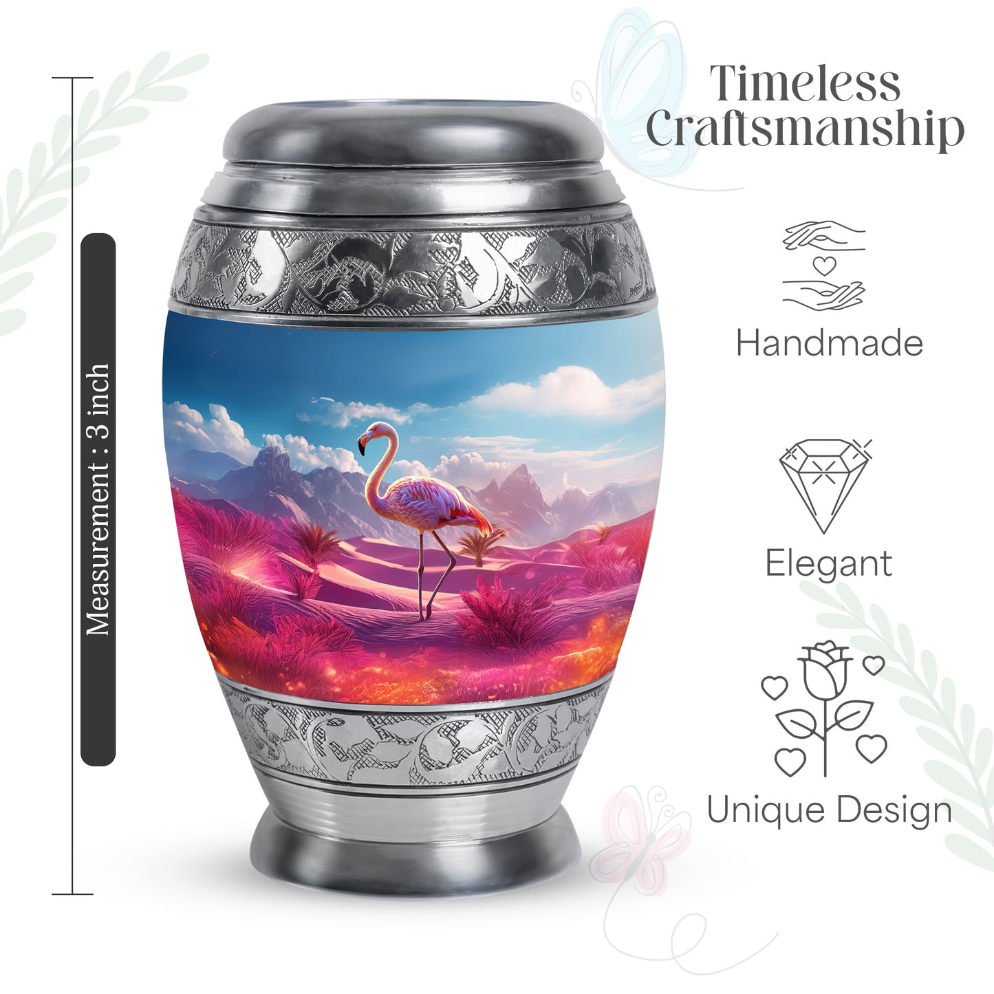 Soft Blue Flamingo Cremation Urn lifestyle display on memorial shelf - majestic flamingo pattern with filigree border - mini keepsake memorial for portion of cremation ashes