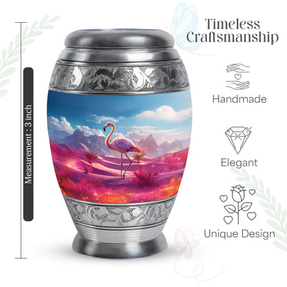 Soft Blue Flamingo Cremation Urn lifestyle display on memorial shelf - majestic flamingo pattern with filigree border - mini keepsake memorial for portion of cremation ashes