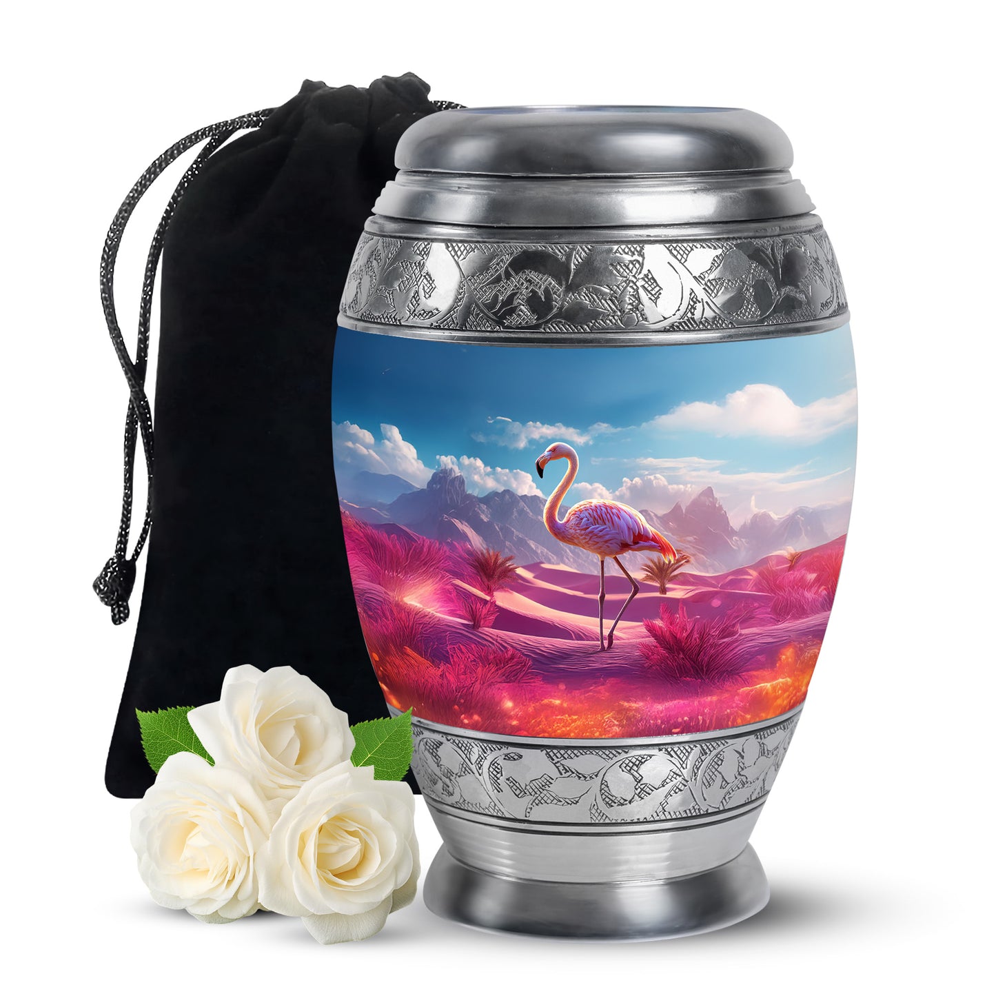 Bright Blue Flamingo Cremation Urn back view with polished surface - royal flamingo engraving with decorative scrollwork - full-size 10 inch 200 cubic inch adult cremation urn
