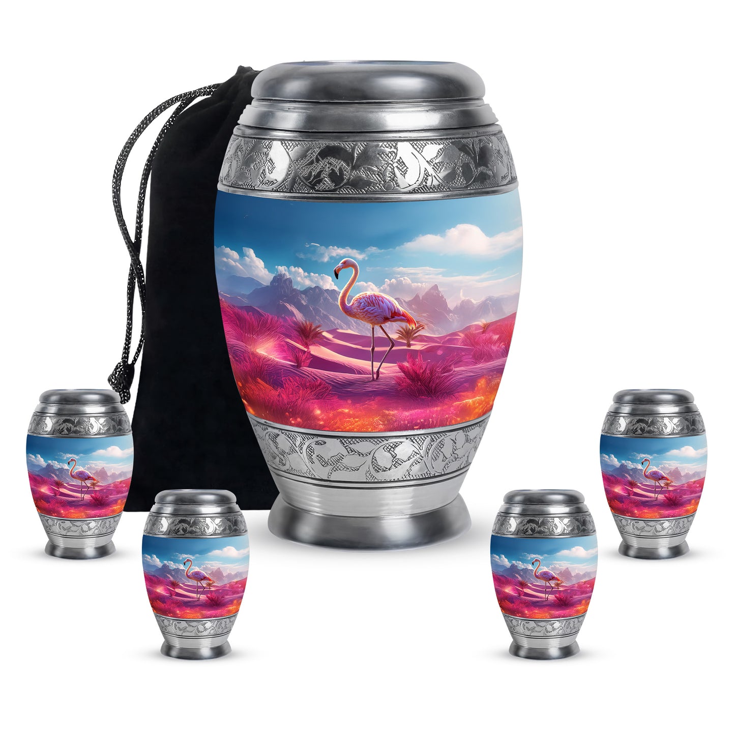 Sky Blue Flamingo Cremation Urn detail view - ornate monarch-style flamingo relief on brushed aluminum - memorial set with one large and four small urns