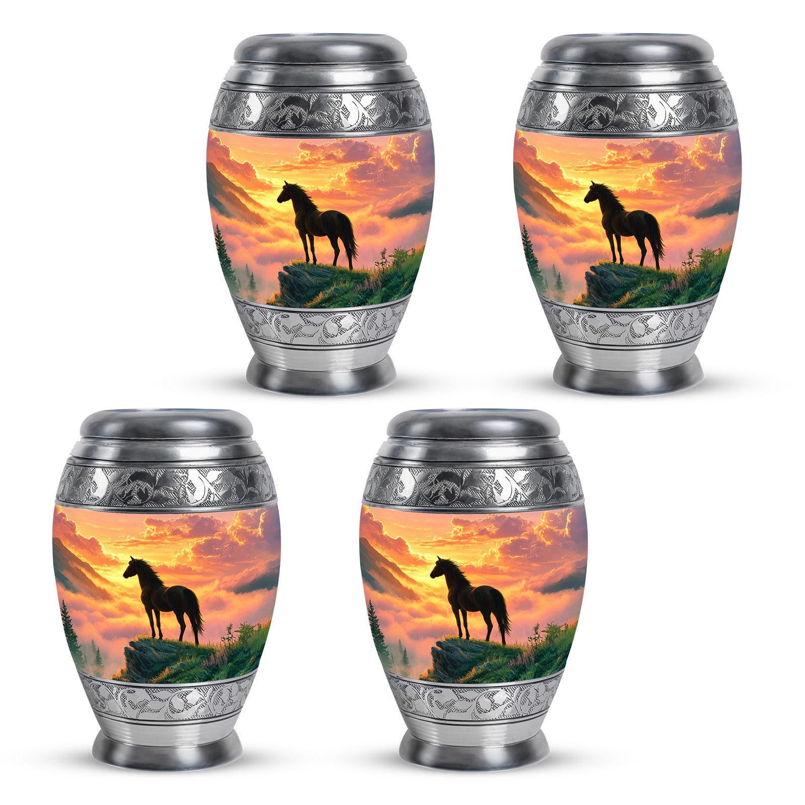 Cherry Red Horse Cremation Urn urn with complimentary velvet bag - royal horse engraving with decorative scrollwork - 10 inch aluminum urn for cremated remains