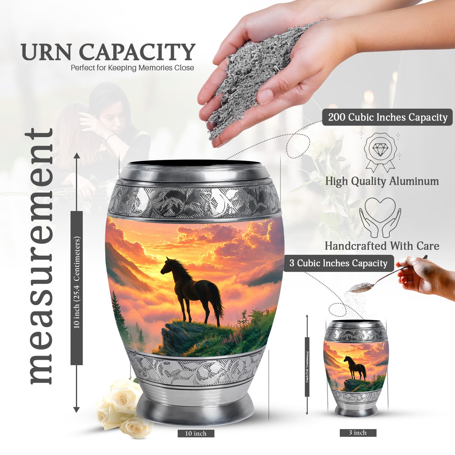Fiery Red Horse Cremation Urn lifestyle display on memorial shelf - royal horse engraving with decorative scrollwork - mini keepsake memorial for portion of cremation ashes